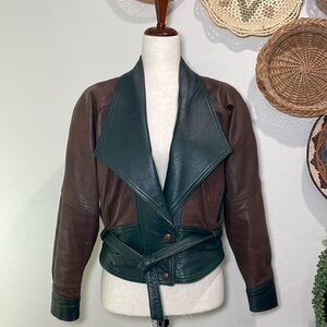 Gorgeous Women’s Vintage Brown & Green Cropped Leather Jacket Coat Size Small